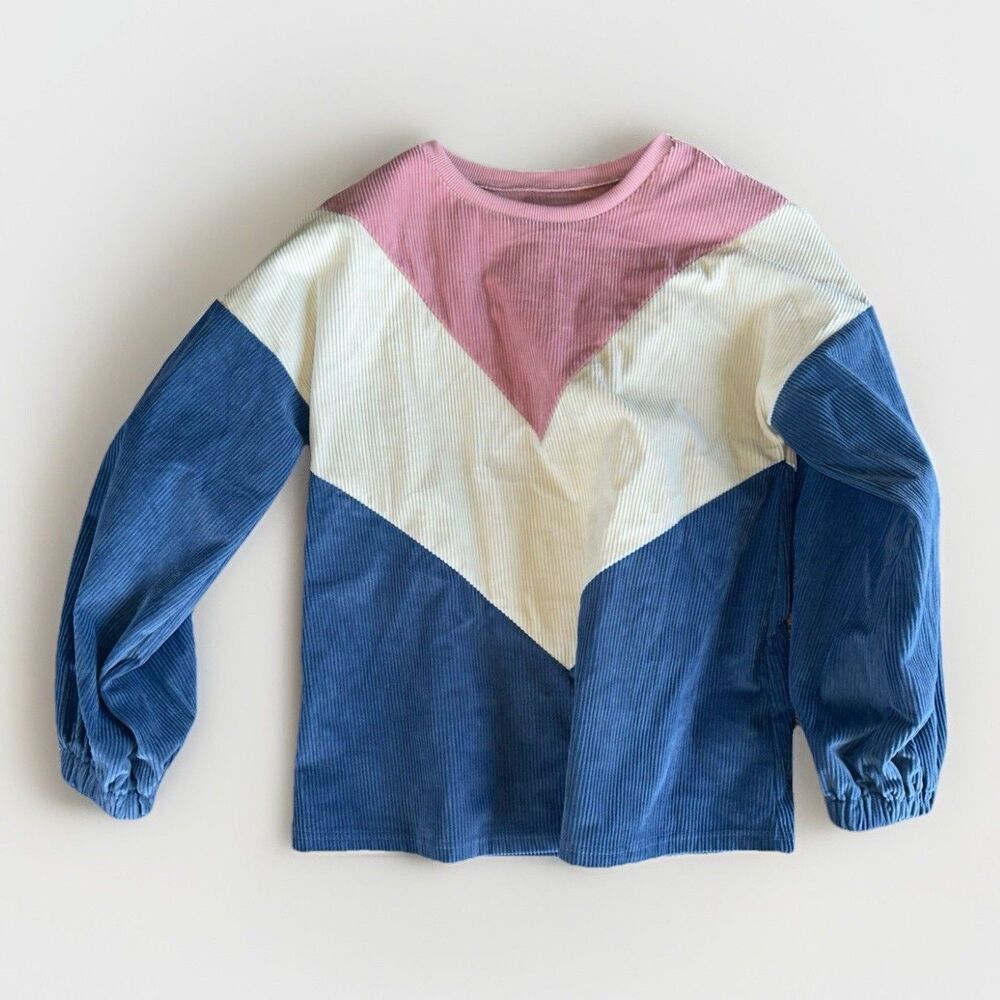 Corduroy Chevron Colorblock Sweatshirt Small Pink Blue Western Boho Retro